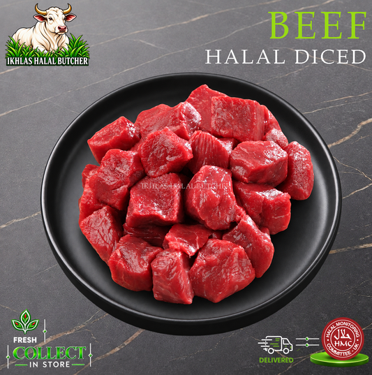 Halal diced beef, on a black plate, Ikhlas Halal Butcher, Bradford