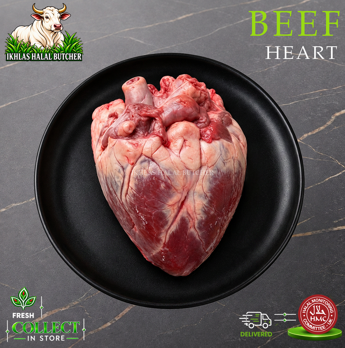 Halal beef heart, on a black plate, Ikhlas Halal Butcher, Bradford