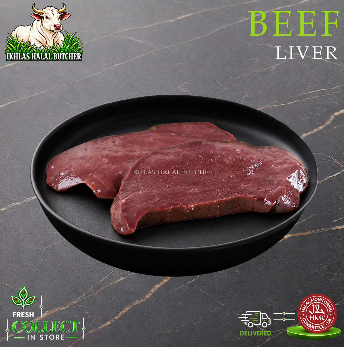 Halal beef liver, on a black plate (photo 2), Ikhlas Halal Butcher, Bradford