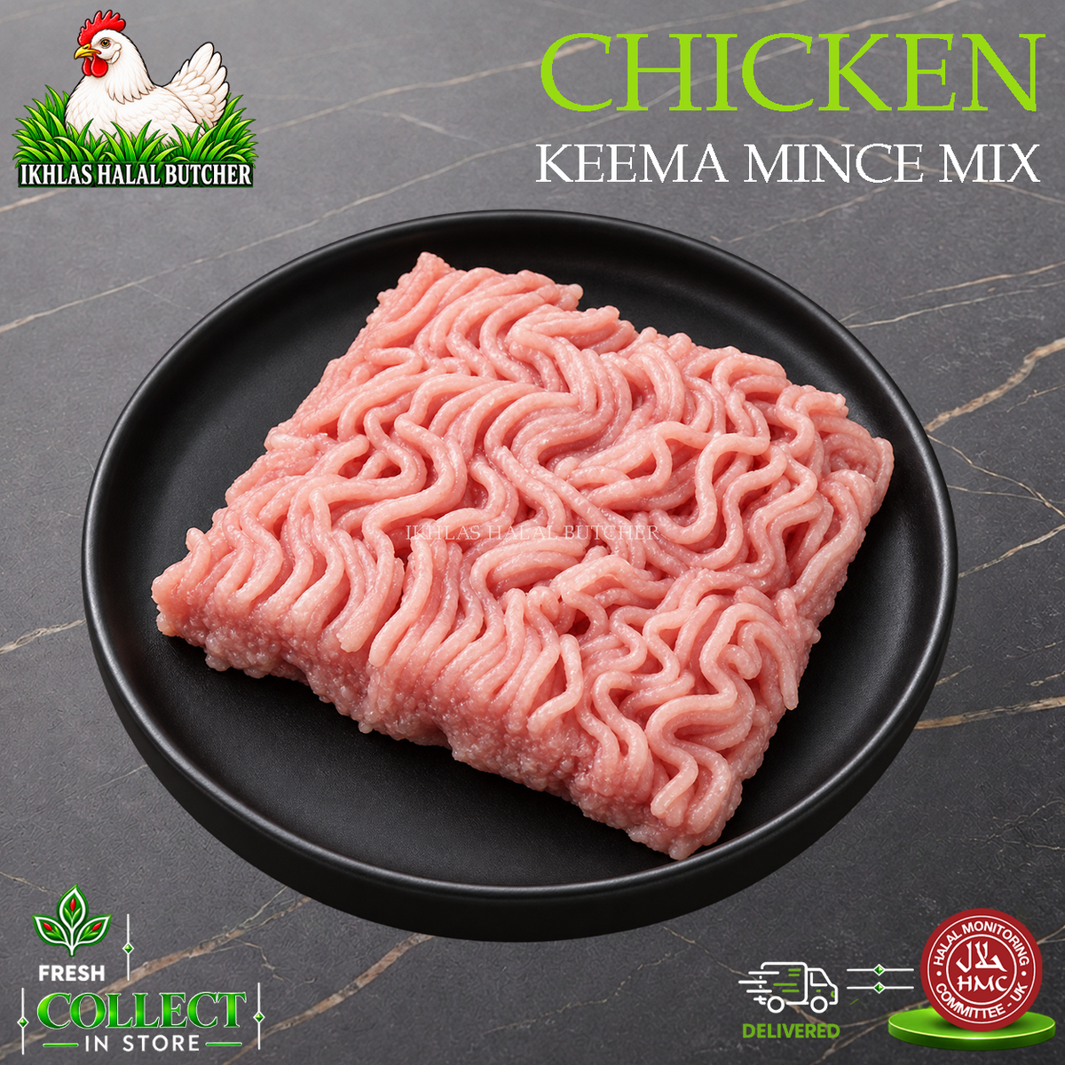 A square black plate holding a pink minced meat product labeled 'CHICKEN KEEMA MINCE MIX' on a dark marble-style background. Branding includes 'Ikhlas Halal Butcher' and product text overlays.