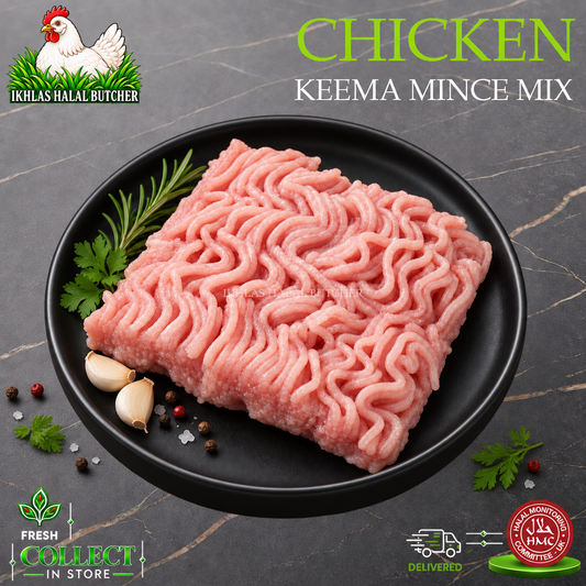 Raw minced chicken meat on a black plate with herbs and garlic, labeled 'CHICKEN KEEMA MINCE MIX' with the Ikhlas Halal Butcher logo and delivery badges.