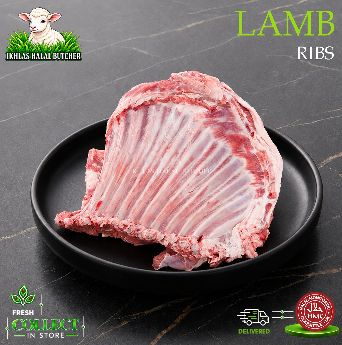 Halal lamb ribs, on a black plate, Ikhlas Halal Butcher, Bradford