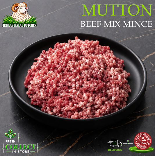 Raw minced beef mix from Ikhlas Halal Butcher displayed in a black bowl on a dark marble surface, with promotional text and logos including 'MUTTON BEEF MIX MINCE', 'IKHLAS HALAL BUTCHER', 'FRESH COLLECT IN STORE', and 'DELIVERED'.