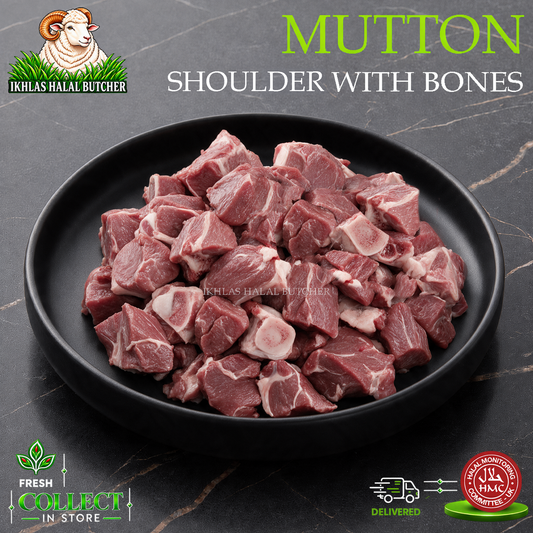 Raw mutton shoulder with bones cut into small cubes, displayed in a black bowl on a dark marble surface. The image includes branding for 'Iqbal Halal Butcher' and promotional badges.