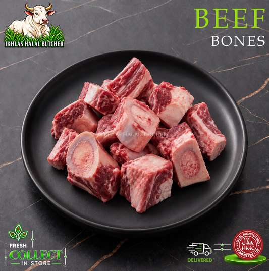 Halal beef bones, with spices and herbs, on a black plate (photo 2), Ikhlas Halal Butcher, Bradford