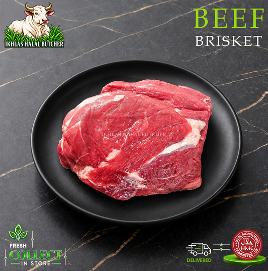 Halal beef brisket, on a black plate, Ikhlas Halal Butcher, Bradford