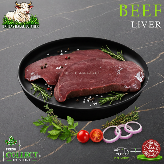 Halal beef liver, with parsley and rosemary, on a black plate, Ikhlas Halal Butcher, Bradford