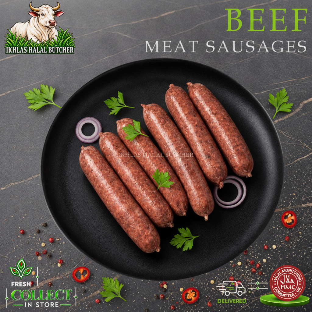 Halal beef sausages, with parsley and onion, on a black plate, Ikhlas Halal Butcher, Bradford