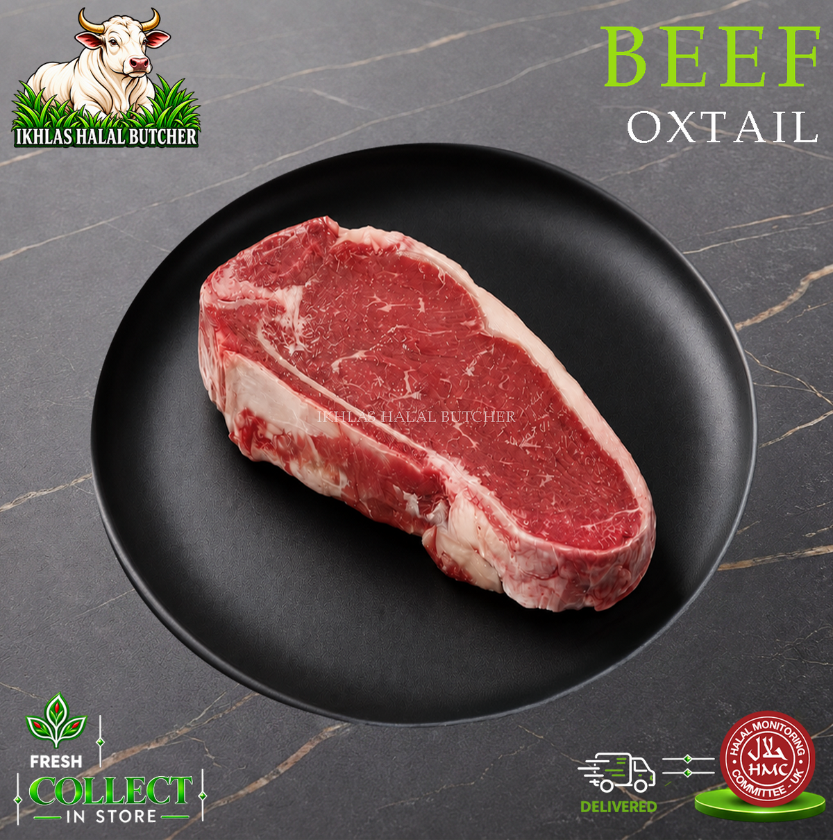 Halal beef sirloin steak, on a black plate (photo 2), Ikhlas Halal Butcher, Bradford
