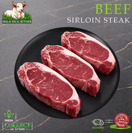 Halal beef sirloin steak, on a black plate (photo 1), Ikhlas Halal Butcher, Bradford