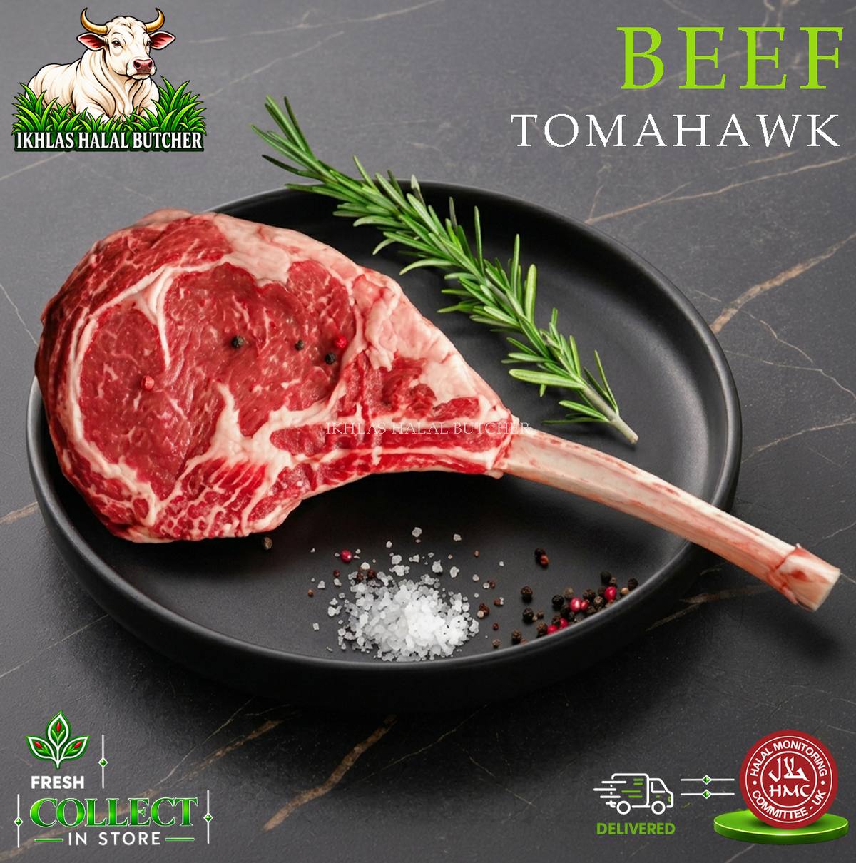 Halal beef tomahawk steak, with rosemary and peppercorns, on a black plate (photo 2), Ikhlas Halal Butcher, Bradford