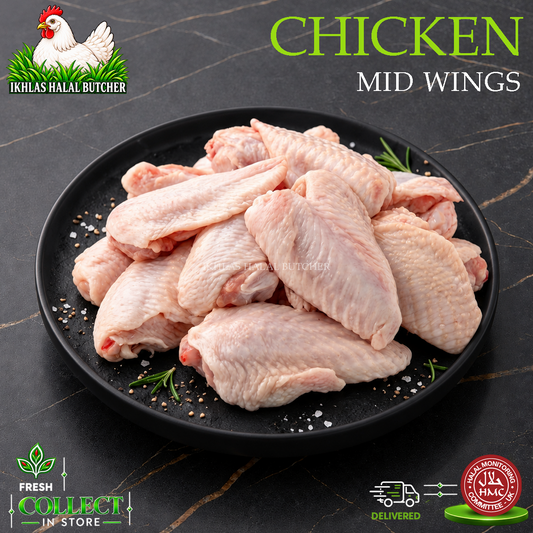 Raw chicken mid wings piled on a black plate with coarse salt and rosemary, on a dark marble background. Text reads 'CHICKEN MID WINGS' and shows the Ikhlas Halal Butcher logo and delivery badges.