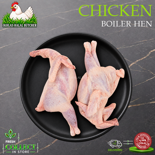 Two raw whole chickens displayed on a black plate against a dark marble-patterned background, with promotional text and logos for 'Ikhlas Halal Butcher' and 'Fresh Collect In Store'.