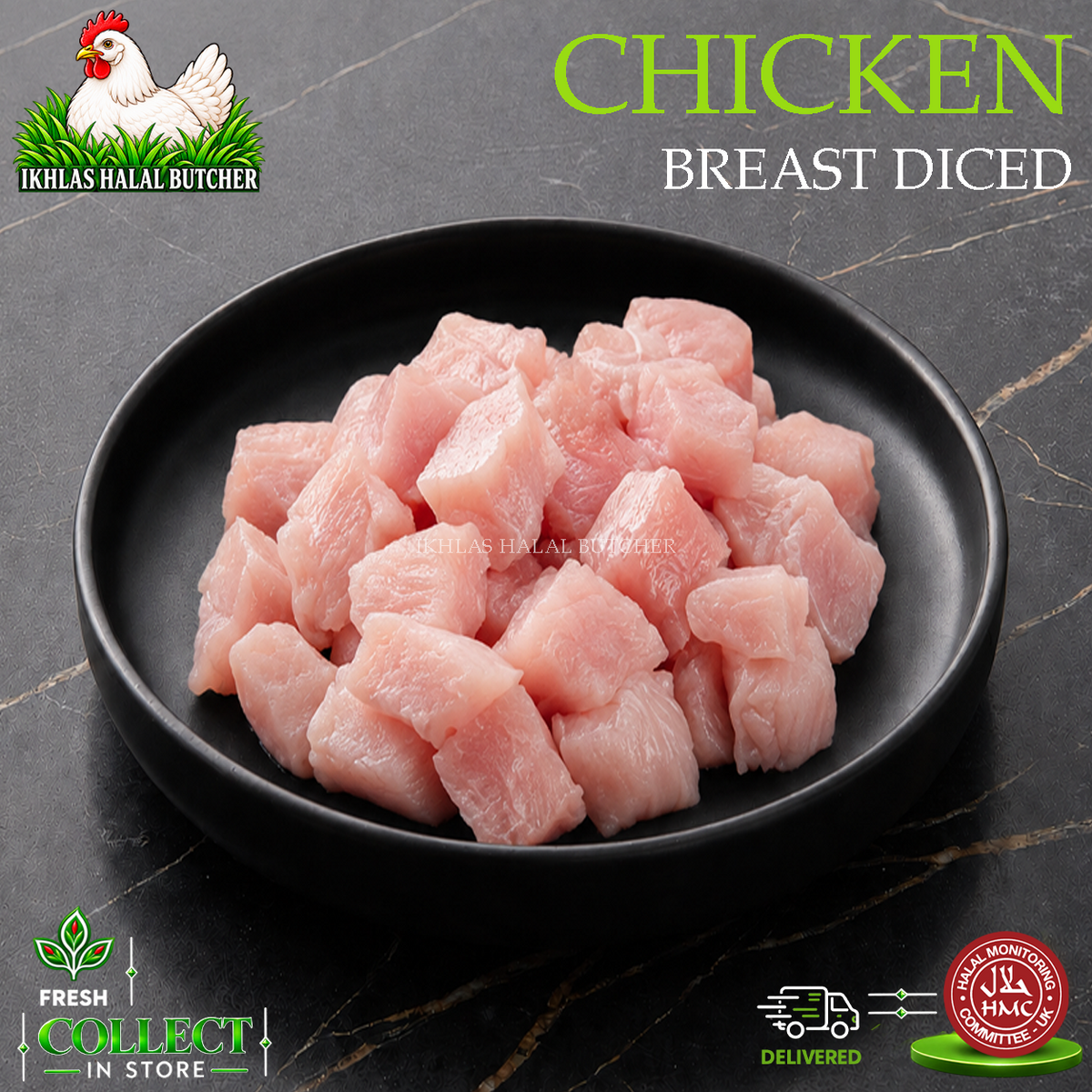 Halal diced chicken breast fillets, Ikhlas Halal Butcher, Bradford