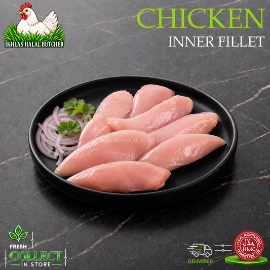 Raw chicken inner fillet slices arranged on a black plate with sliced red onion and parsley, on a dark marble-like surface. Text reads 'CHICKEN INNER FILLET' and shows the Ikhlas Halal Butcher branding with halal certification and delivery icons.
