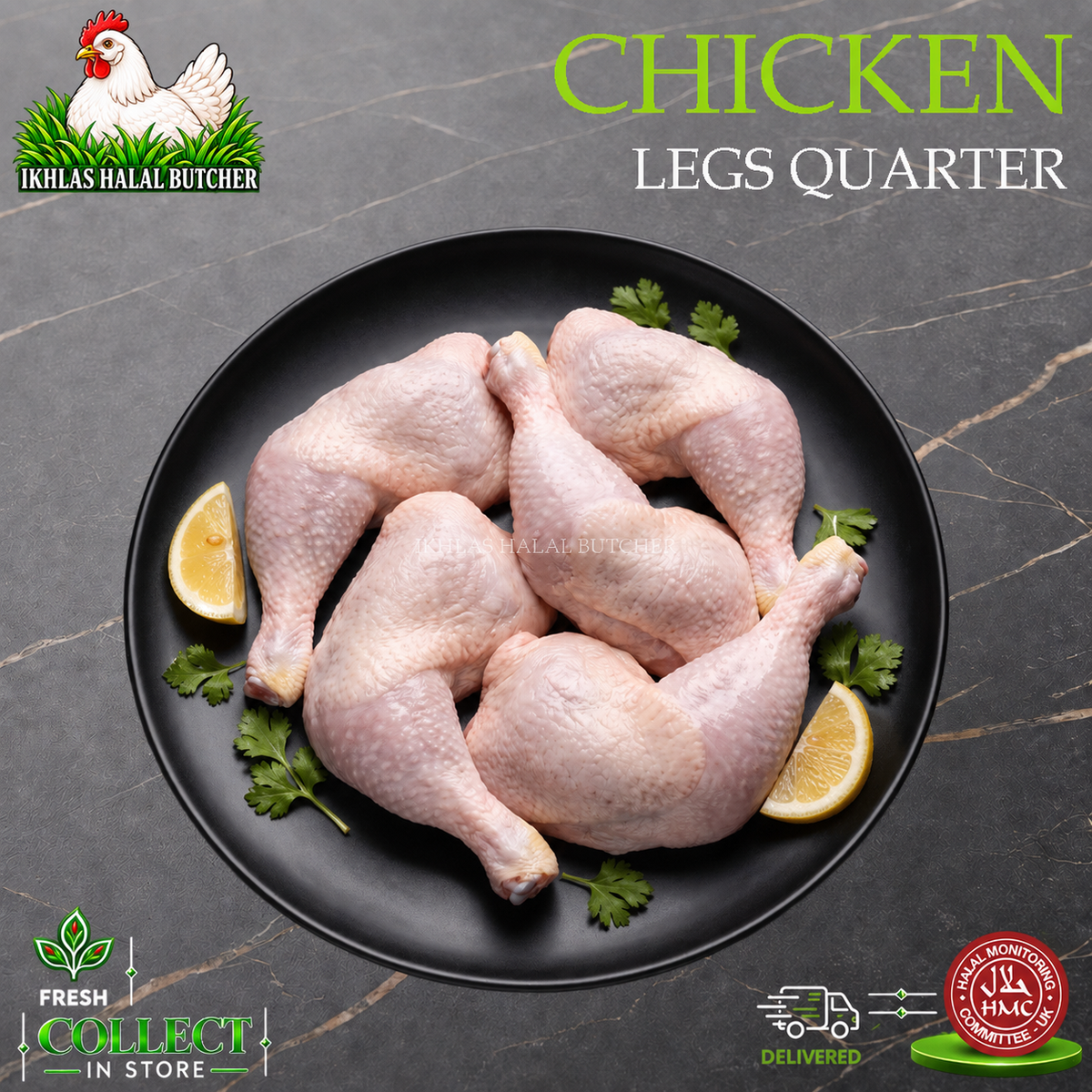 Halal chicken leg quarters, with lemon and parsley, on a black plate, Ikhlas Halal Butcher, Bradford