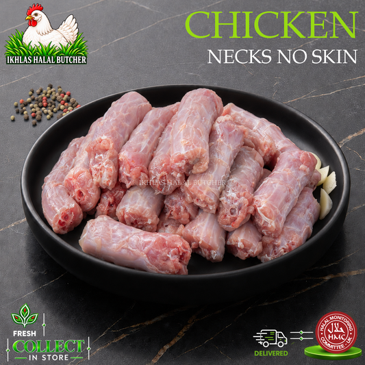 Raw chicken necks displayed on a black plate, with branding and promotional text for 'Ikhlas Halal Butcher' on a dark marble background.