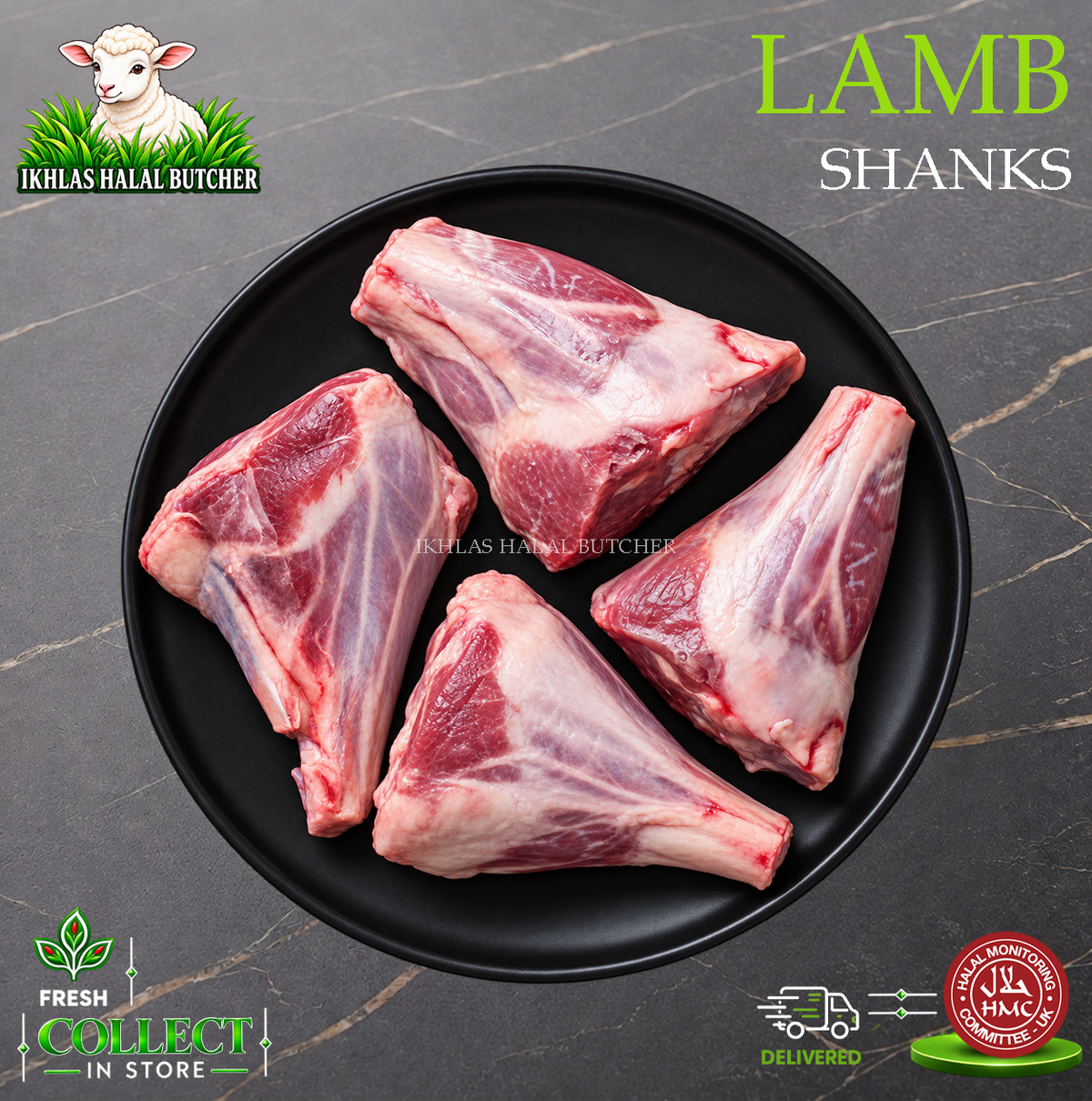 Halal lamb shank, on the bone, on a black plate, Ikhlas Halal Butcher, Bradford