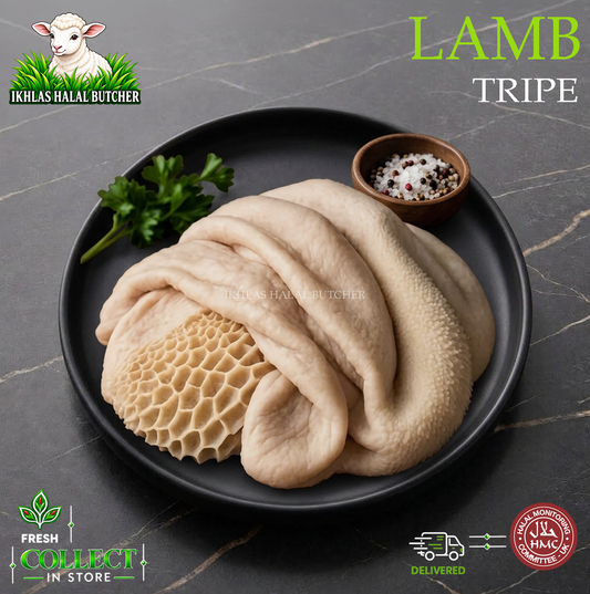 Halal lamb tripe, with parsley, on a black plate, Ikhlas Halal Butcher, Bradford