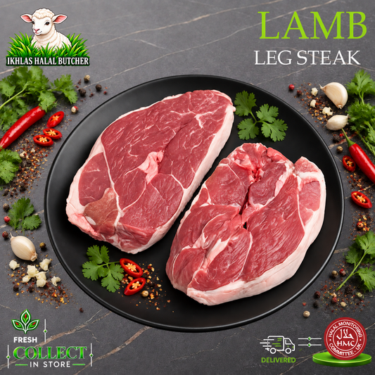 Halal lamb steaks, with chilli and garlic, on a black plate, Ikhlas Halal Butcher, Bradford