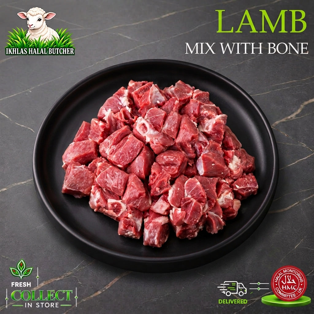 Halal lamb mix, on the bone, on a black plate, Ikhlas Halal Butcher, Bradford