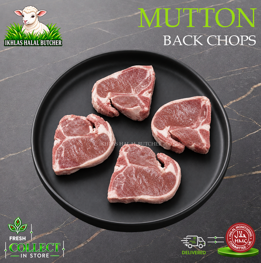 Four raw mutton back chops with marbling, arranged on a black plate against a dark marble background. The image includes branding for 'Ikhlas Halal Butcher' and promotional text for 'Mutton Back Chops'.