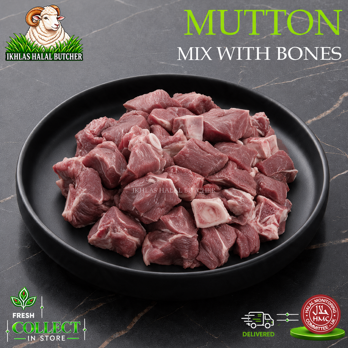 Raw mutton meat chunks with bones, cut into bite-sized pieces, displayed on a black plate. The image features branding for 'Ikhlas Halal Butcher' and promotional text reading 'MUTTON MIX WITH BONES' on a dark marble background.