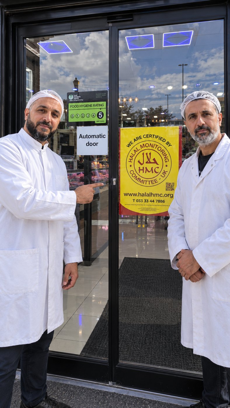 Ahmed and Abu Yousuf beside the HMC certificate on the door, Ikhlas Halal Butcher, Bradford