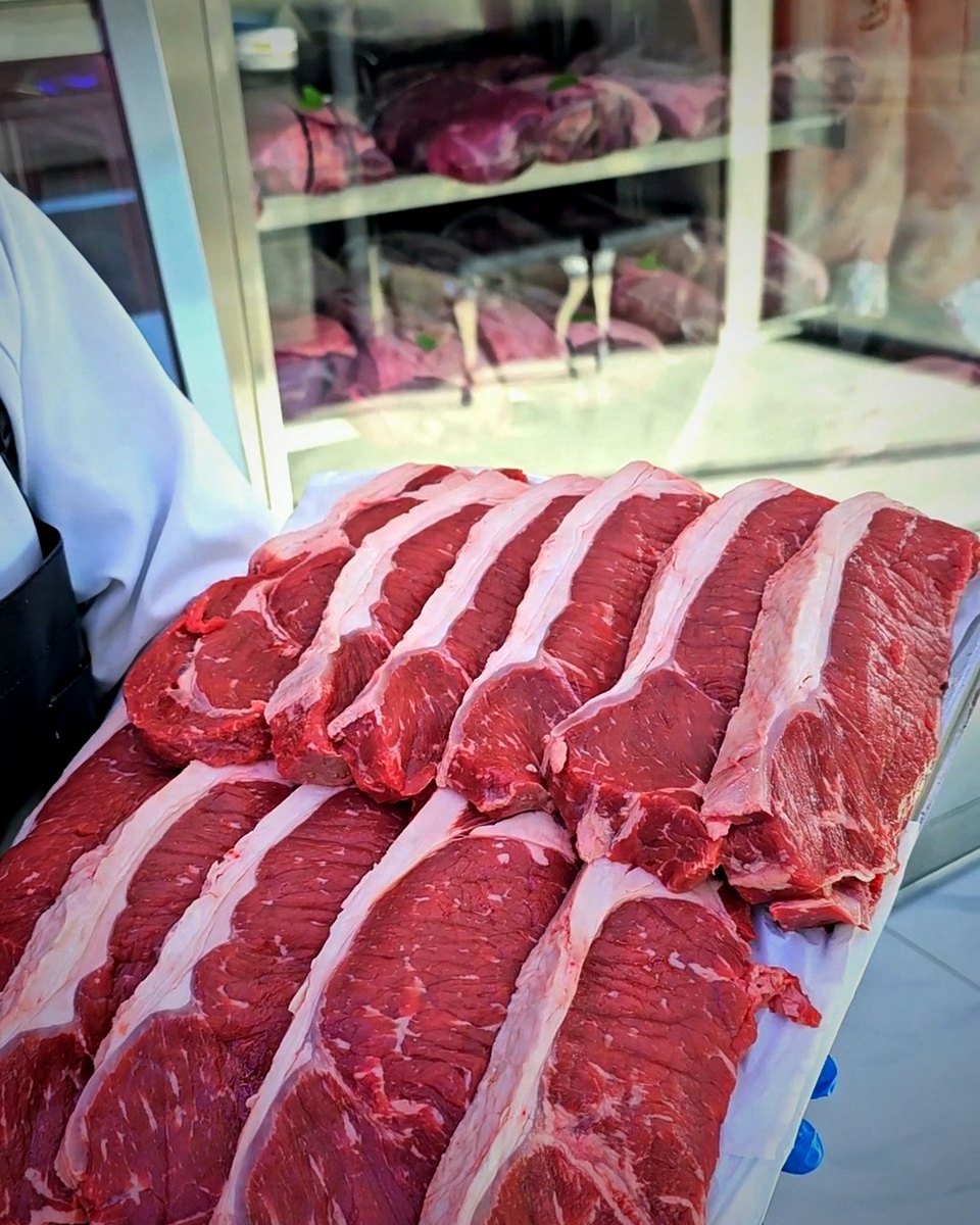 Tray of fresh-cut halal ribeye steaks, Ikhlas Halal Butcher, Bradford