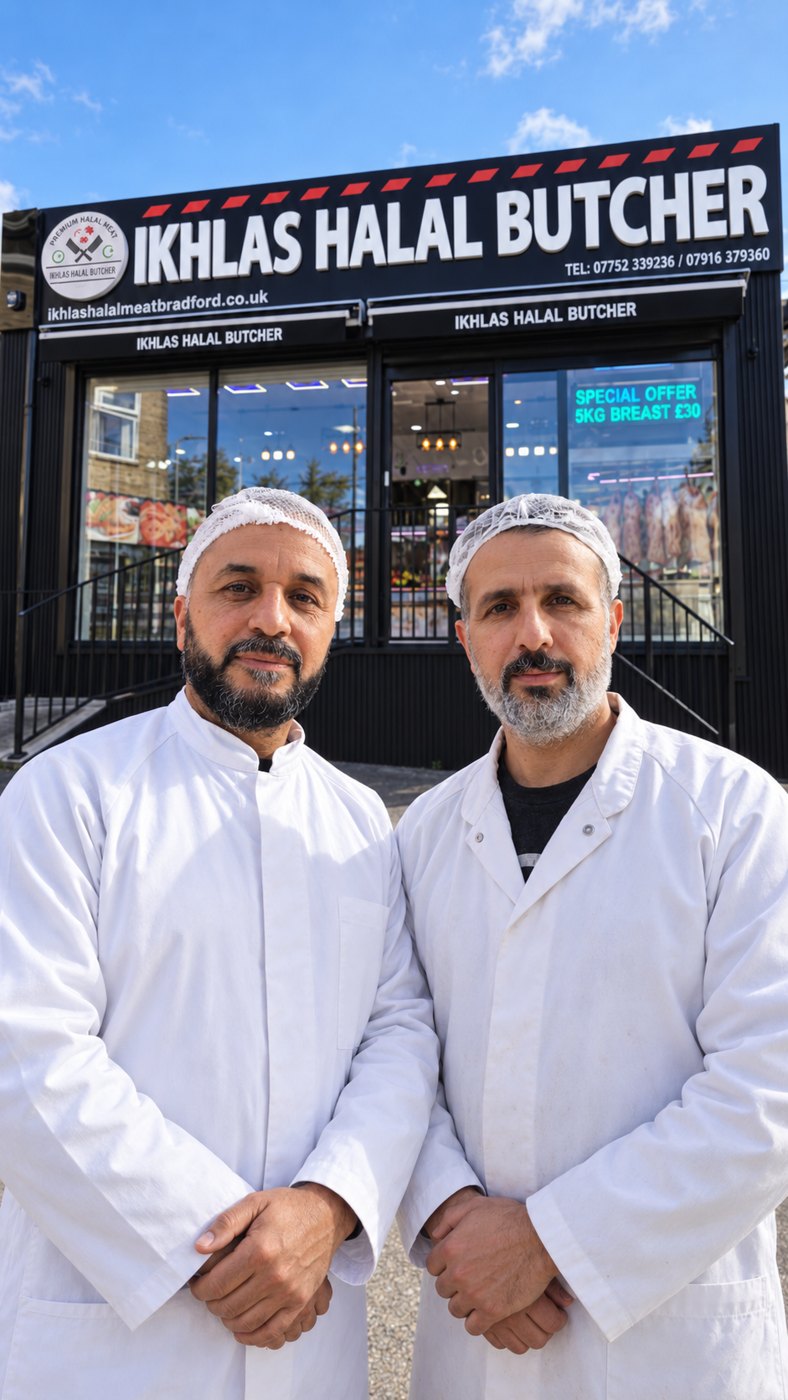 Ahmed and Abu Yousuf outside Ikhlas Halal Butcher, City Road, Bradford