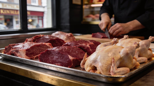 Fresh halal steaks and whole chickens on a butcher's counter in Bradford