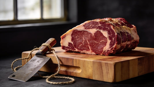 Trimmed halal beef joint on a butcher's block with a cleaver