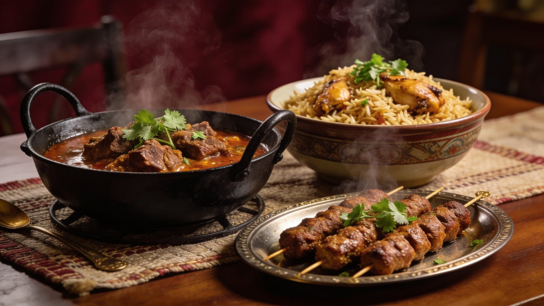 Home-cooked halal karahi, biryani and seekh kebabs on a family table