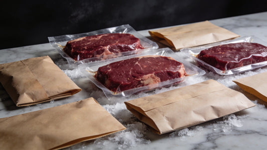 Fresh meat portioned in vacuum-sealed packs and butcher's paper