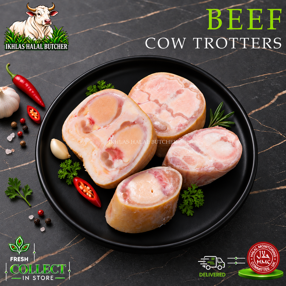 Halal beef trotters, with parsley and rosemary, on a black plate, Ikhlas Halal Butcher, Bradford