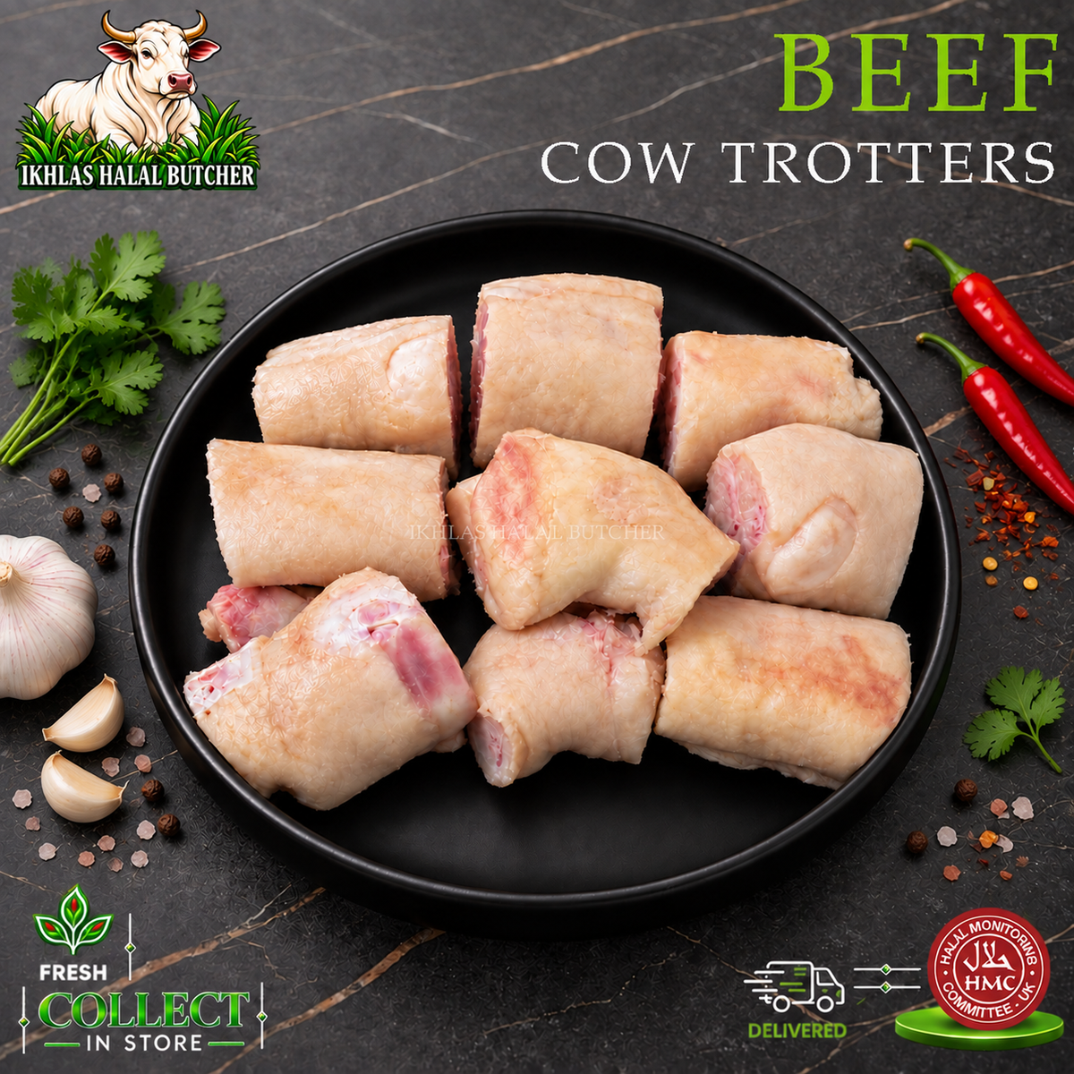 Halal beef trotters, with chilli and garlic, on a black plate, Ikhlas Halal Butcher, Bradford