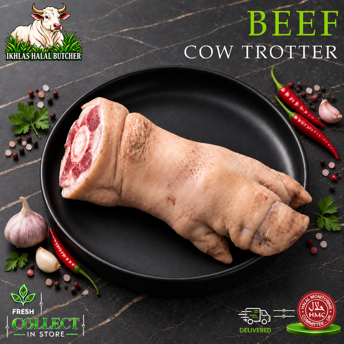 Halal beef trotters, on the bone, with chilli and garlic, on a black plate, Ikhlas Halal Butcher, Bradford