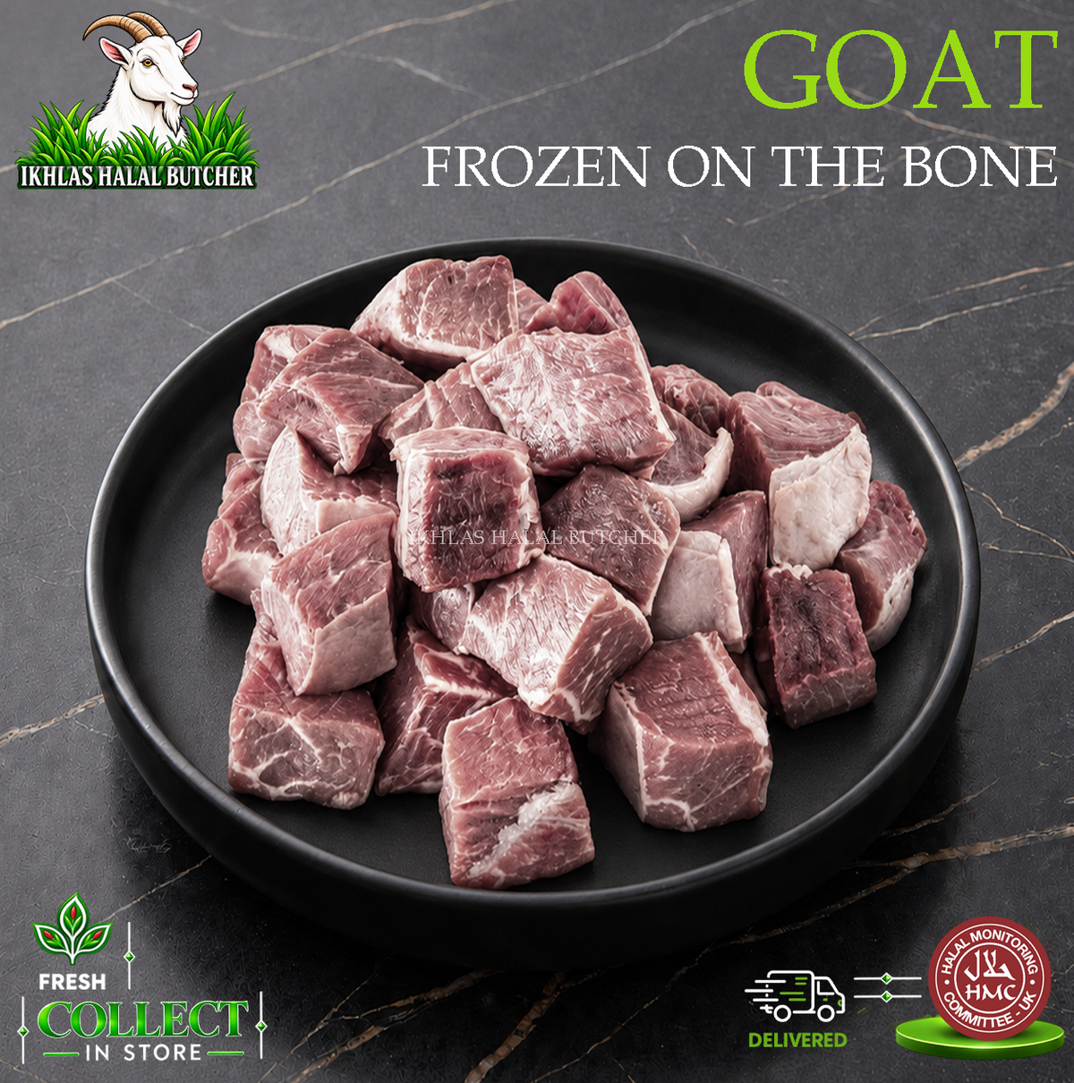 Halal goat, frozen, on the bone, diced, Ikhlas Halal Butcher, Bradford