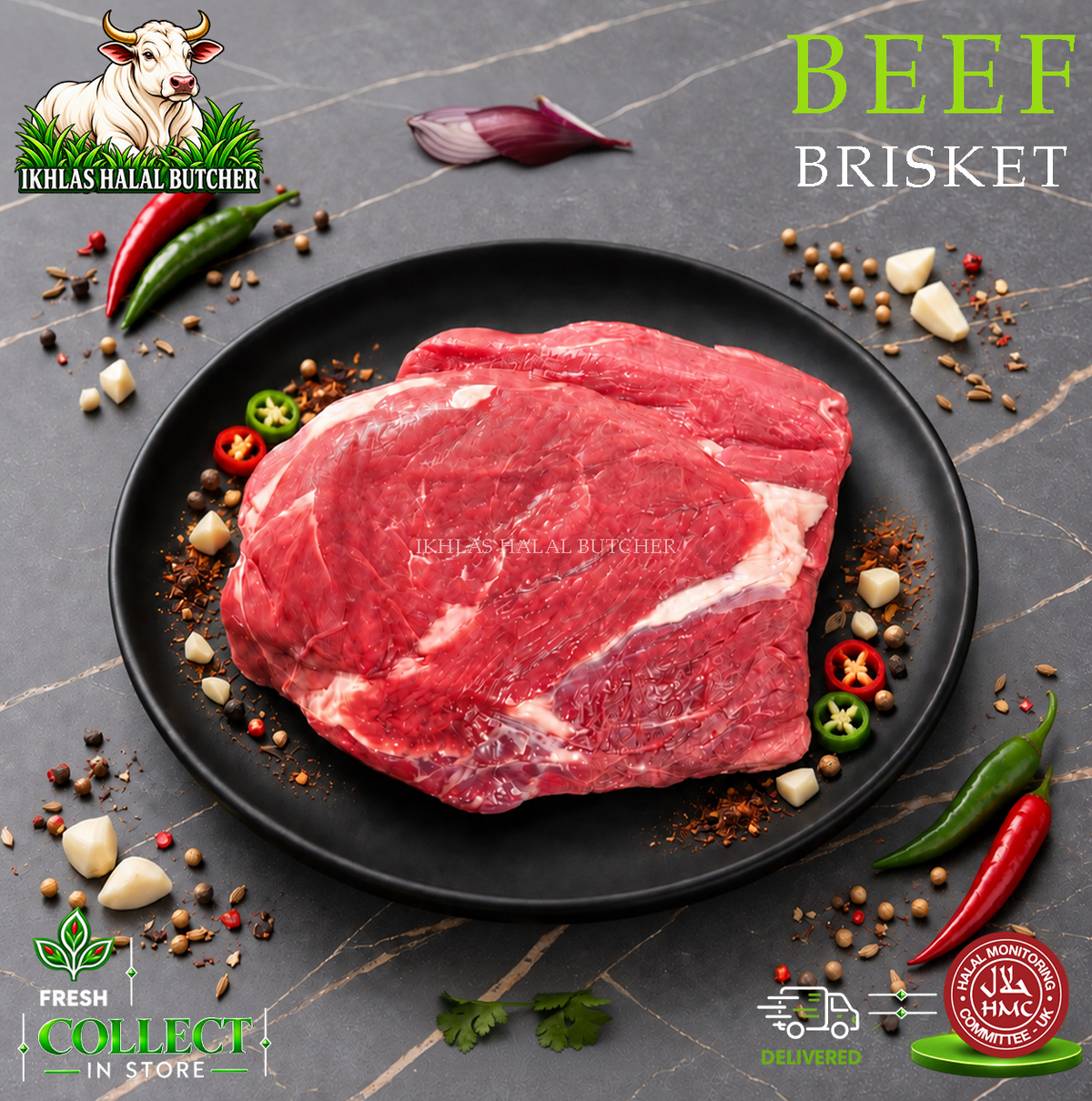 Halal beef brisket, with chilli and garlic, on a black plate, Ikhlas Halal Butcher, Bradford