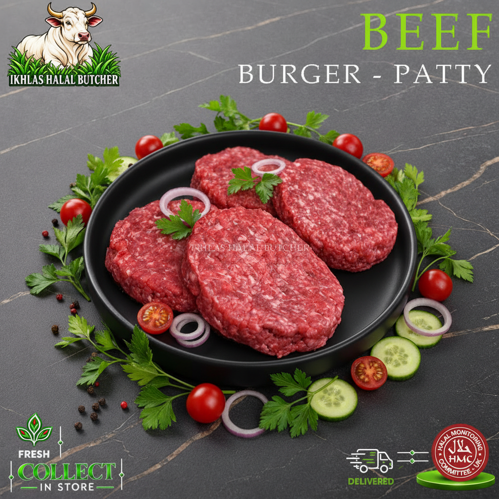 Halal beef burgers, Ikhlas Halal Butcher, Bradford