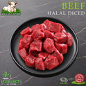 Halal diced beef, on a black plate, Ikhlas Halal Butcher, Bradford