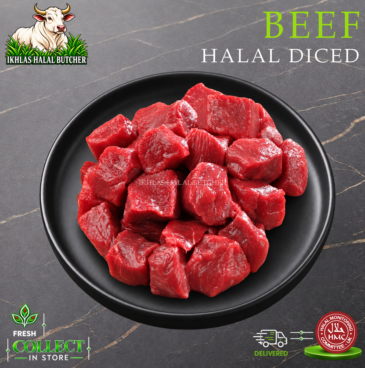 Halal diced beef, on a black plate, Ikhlas Halal Butcher, Bradford