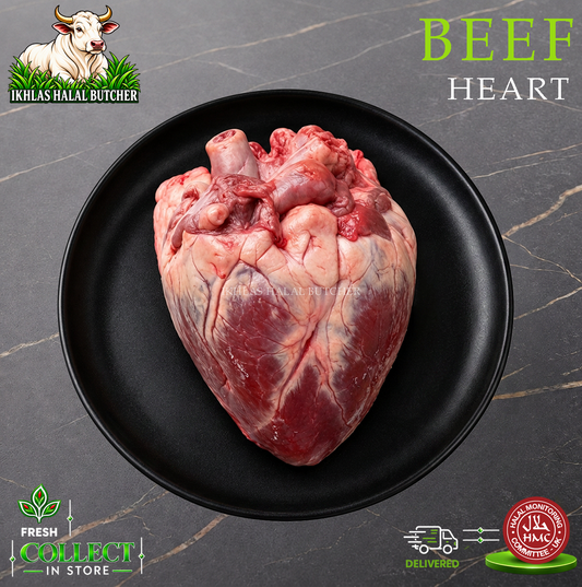 Halal beef heart, on a black plate, Ikhlas Halal Butcher, Bradford