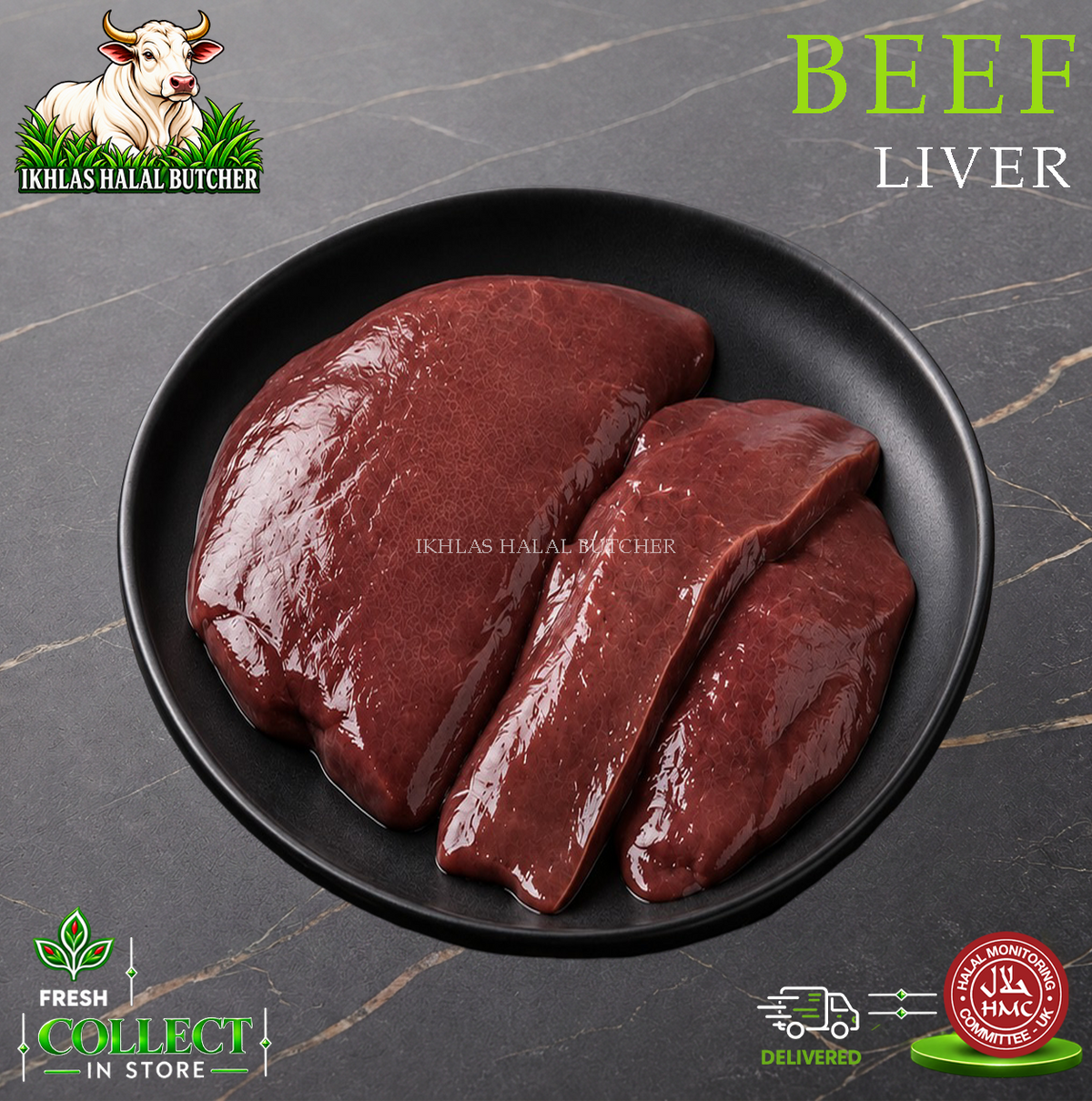 Halal beef liver, on a black plate (photo 1), Ikhlas Halal Butcher, Bradford