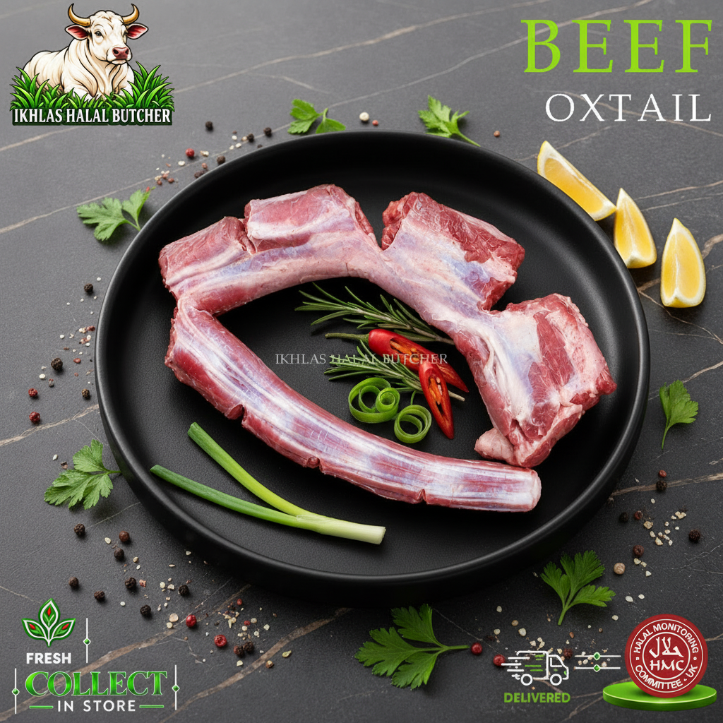 Halal ox tail, with lemon and chilli, on a black plate, Ikhlas Halal Butcher, Bradford
