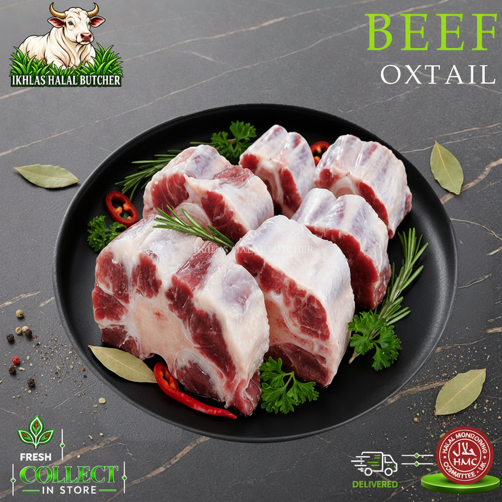 Halal ox tail, with parsley and chilli, on a black plate, Ikhlas Halal Butcher, Bradford