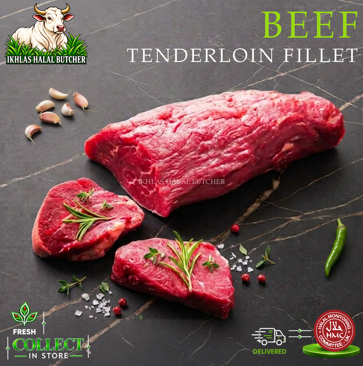 Halal beef tenderloin fillet, with rosemary and chilli, Ikhlas Halal Butcher, Bradford