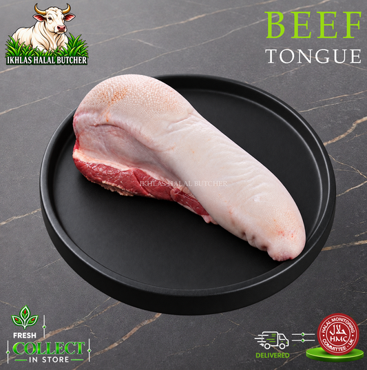 Halal beef tongue, on a black plate, Ikhlas Halal Butcher, Bradford