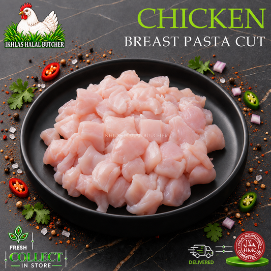 Halal chicken breast pasta cut, with chilli and spices, on a black plate, Ikhlas Halal Butcher, Bradford