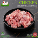 Raw chicken leg meat, boneless and diced, presented on a black plate against a dark marble background. The image features branding for 'Ikhlas Halal Butcher' and promotional text overlays.